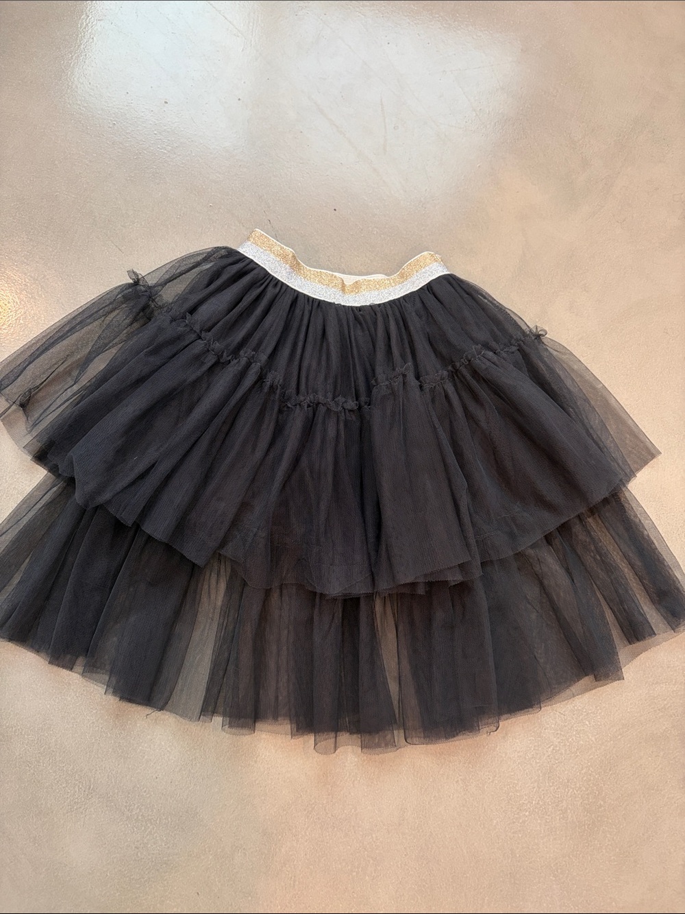 Black Layered Tulle Skirt with Gold Elastic Waistband